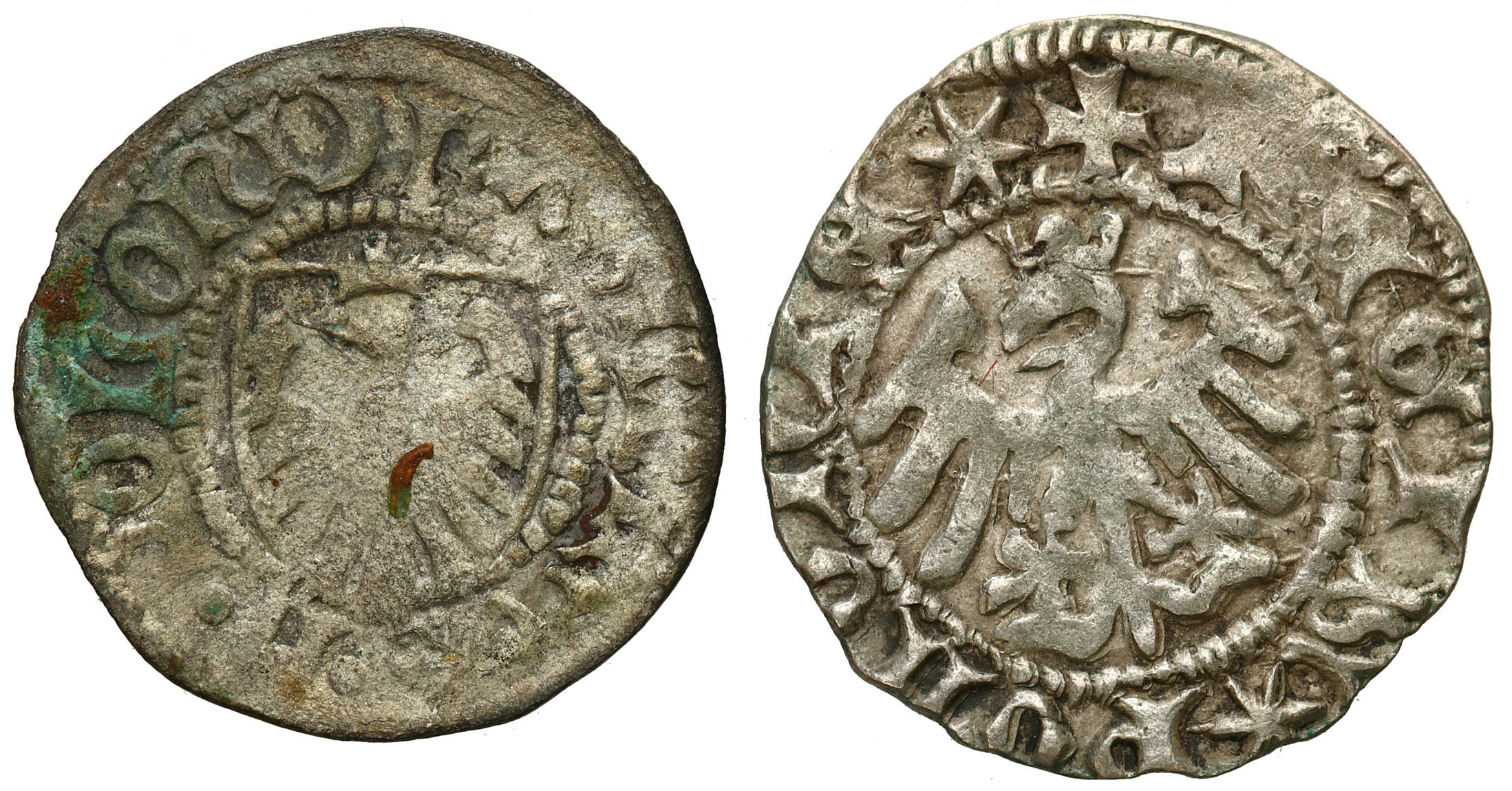 Władysław Jagiełło (1386=1434). Półgrosz, Kraków, Kazimierz IV Jagiellończyk (1446-1492), szeląg, Gdańsk, zestaw 2 monet